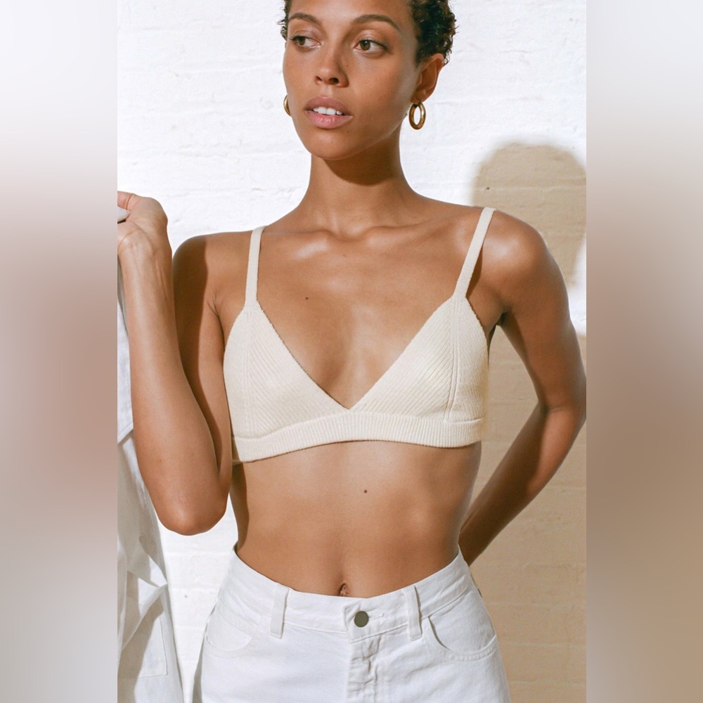 Mara Hoffman Kiko Bralette Cream Ribbed Knit Triangle Rib Light Support L Large